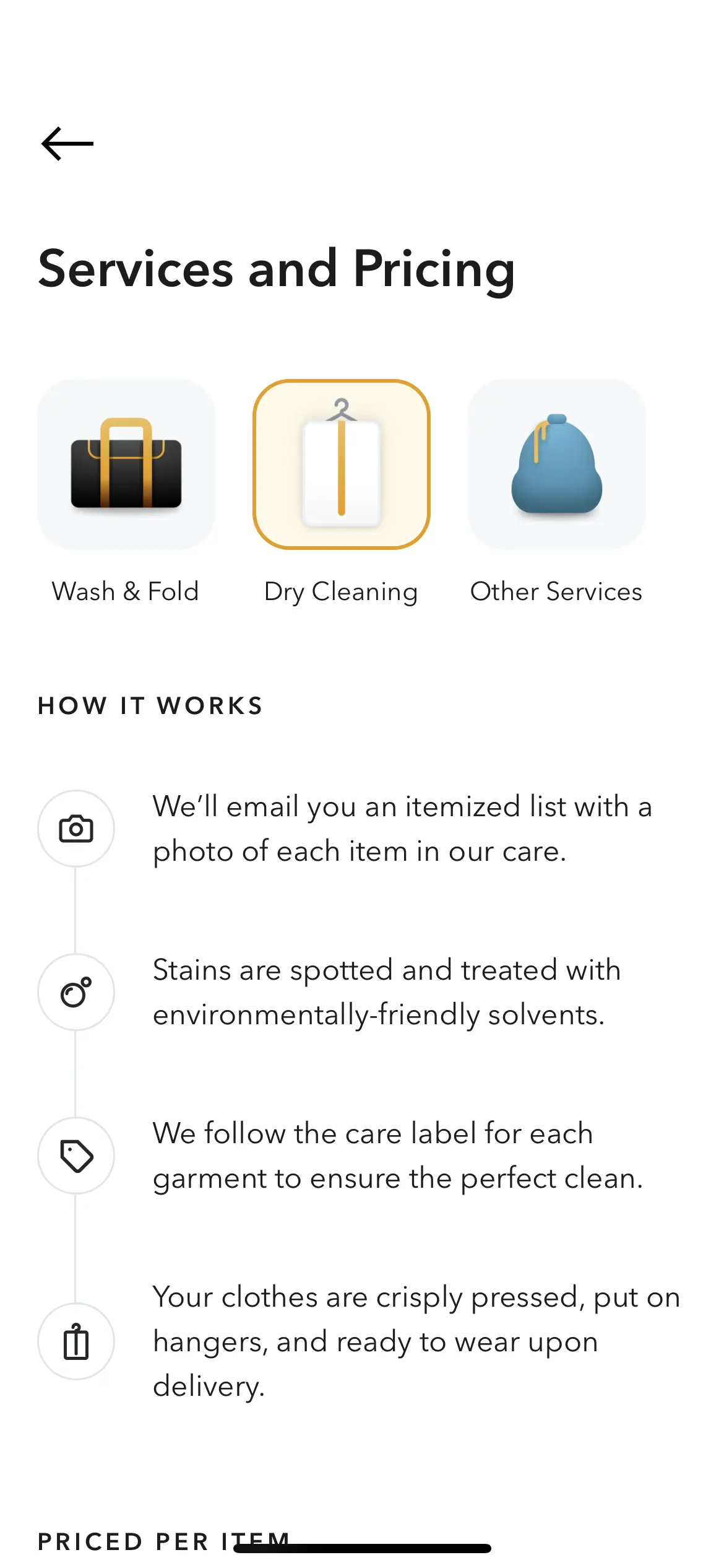 Mobile app screenshot showing the benefits of the dry cleaning service within the app