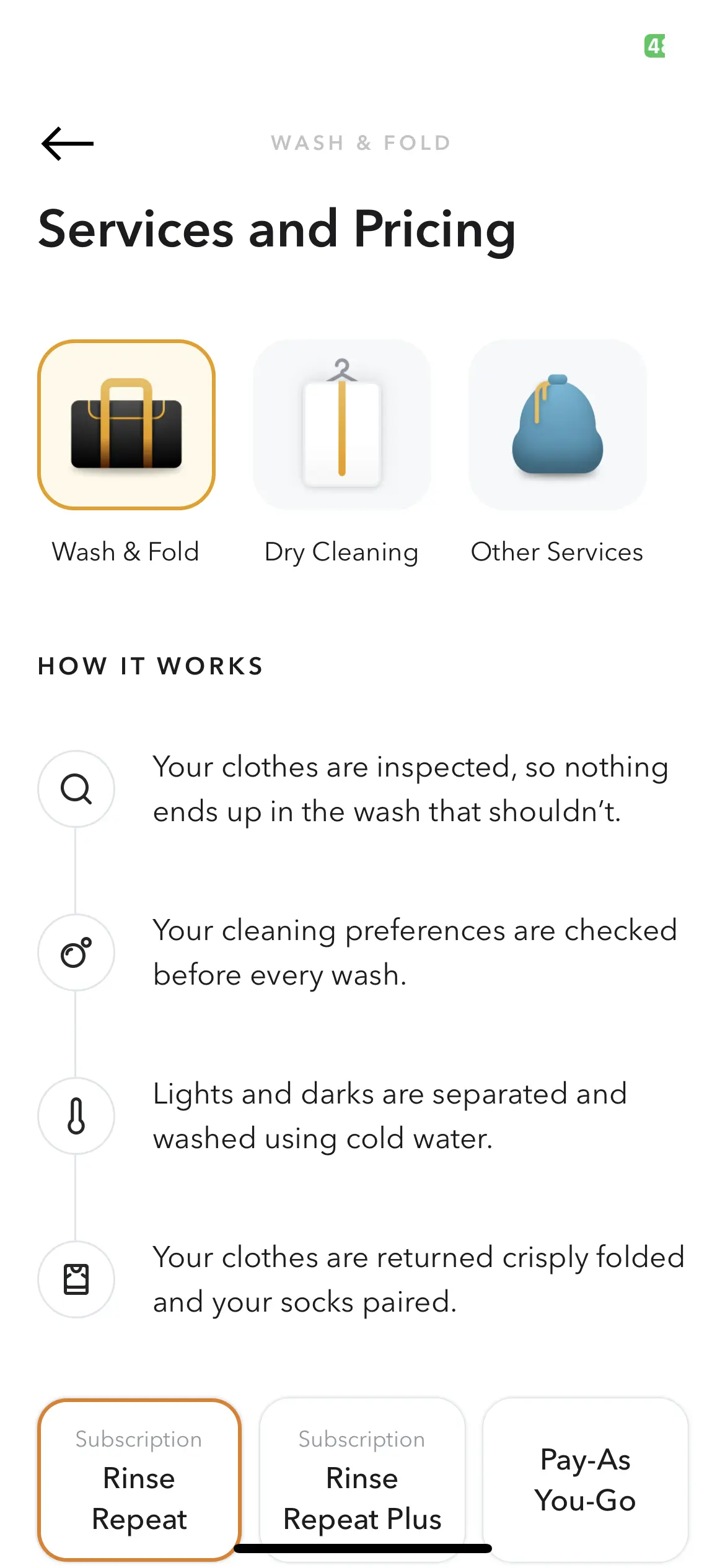 Mobile app screenshot showing the benefits of the Wash and Fold service within the app